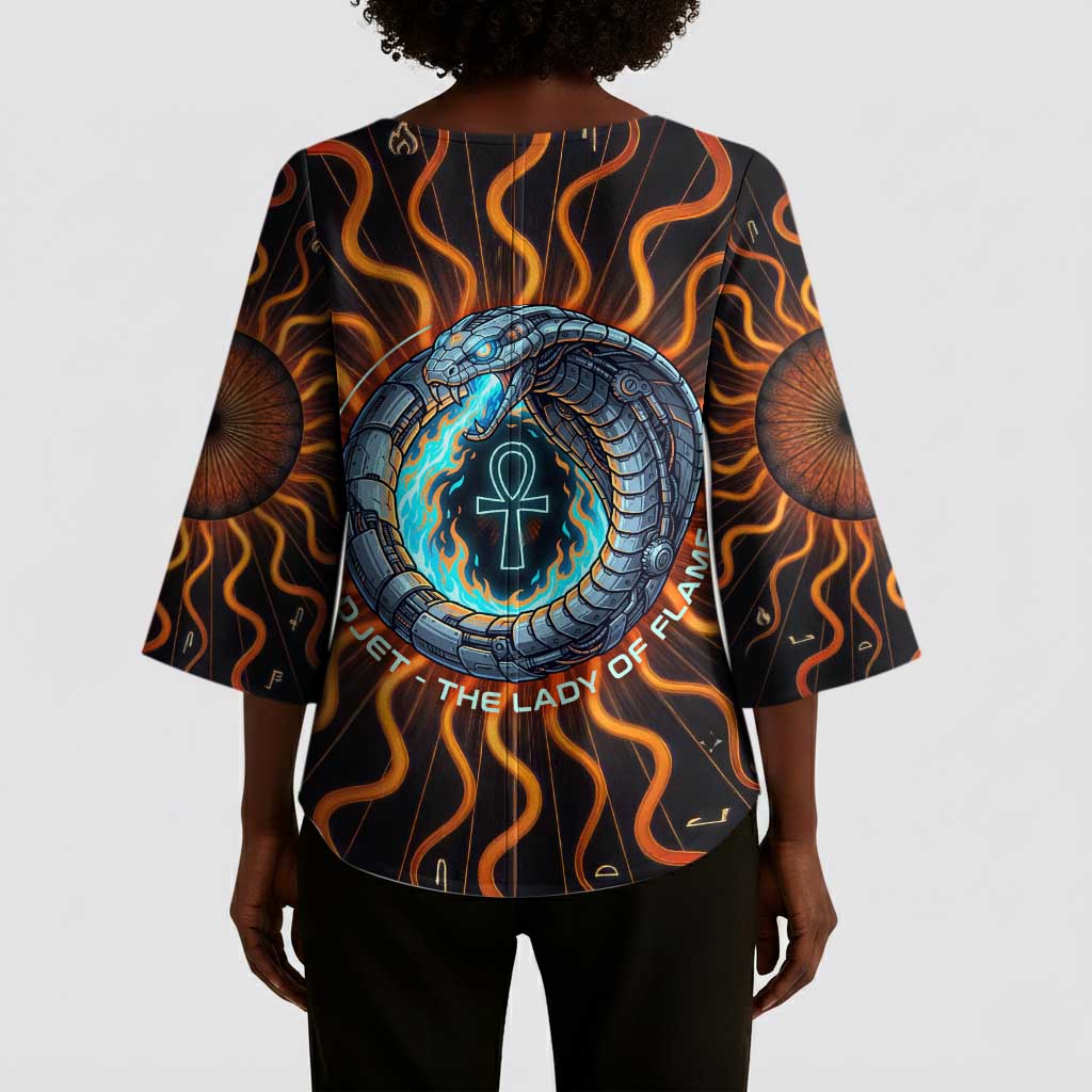 Wadjet Fiery Serpent Kimono Sleeve Blouse Egyptian Ankh Symbol in Dark Flame Protector Theme