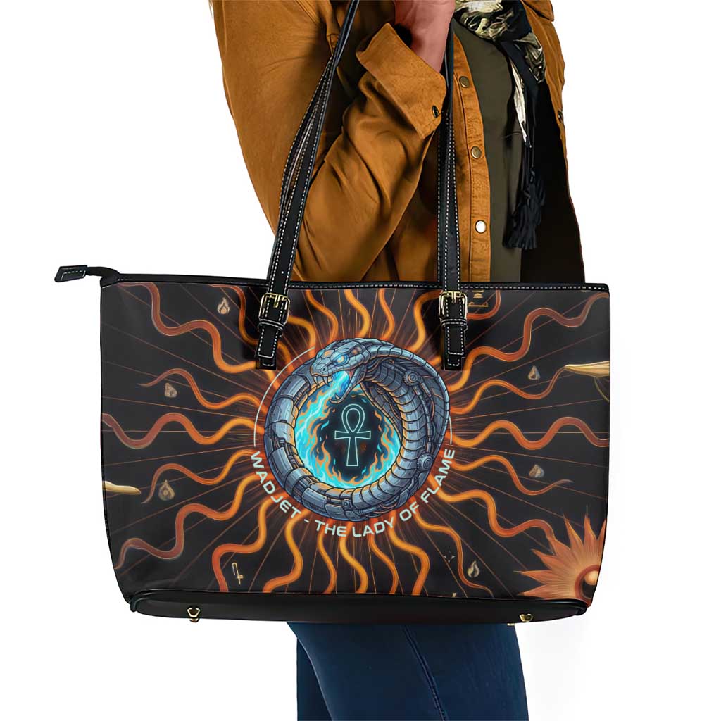 Wadjet Fiery Serpent Leather Tote Bag Egyptian Ankh Symbol in Dark Flame Protector Theme