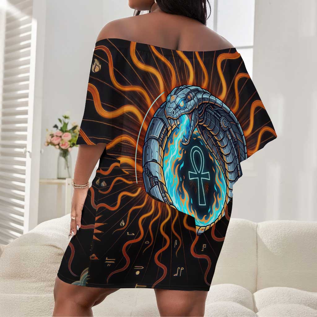 Wadjet Fiery Serpent Off Shoulder Short Dress Egyptian Ankh Symbol in Dark Flame Protector Theme