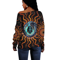 Wadjet Fiery Serpent Off Shoulder Sweater Egyptian Ankh Symbol in Dark Flame Protector Theme