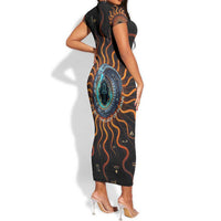 Wadjet Fiery Serpent Short Sleeve Bodycon Dress Egyptian Ankh Symbol in Dark Flame Protector Theme