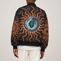 Wadjet Fiery Serpent Sleeve Zip Bomber Jacket Egyptian Ankh Symbol in Dark Flame Protector Theme