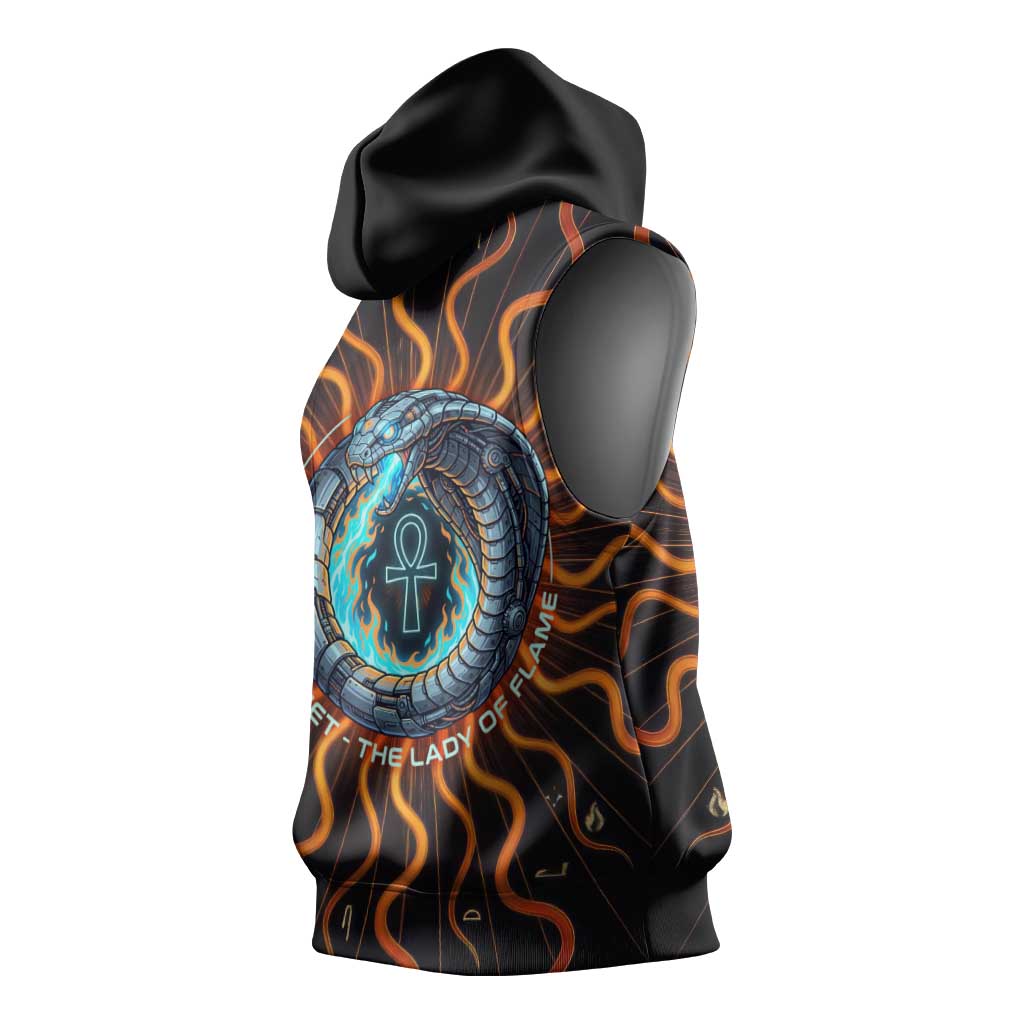 Wadjet Fiery Serpent Sleeveless Hoodie Egyptian Ankh Symbol in Dark Flame Protector Theme