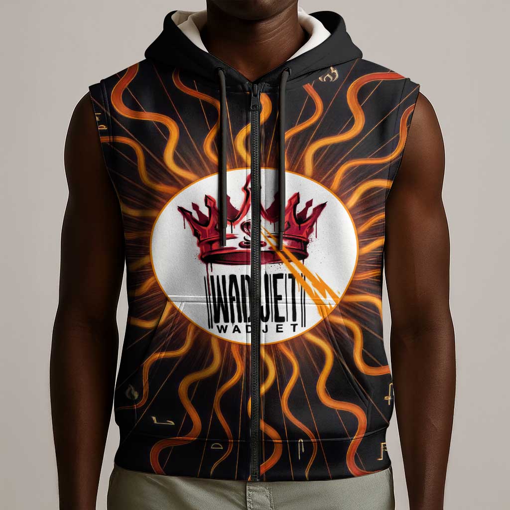 Wadjet Fiery Serpent Sleeveless Zip Hoodie Egyptian Ankh Symbol in Dark Flame Protector Theme