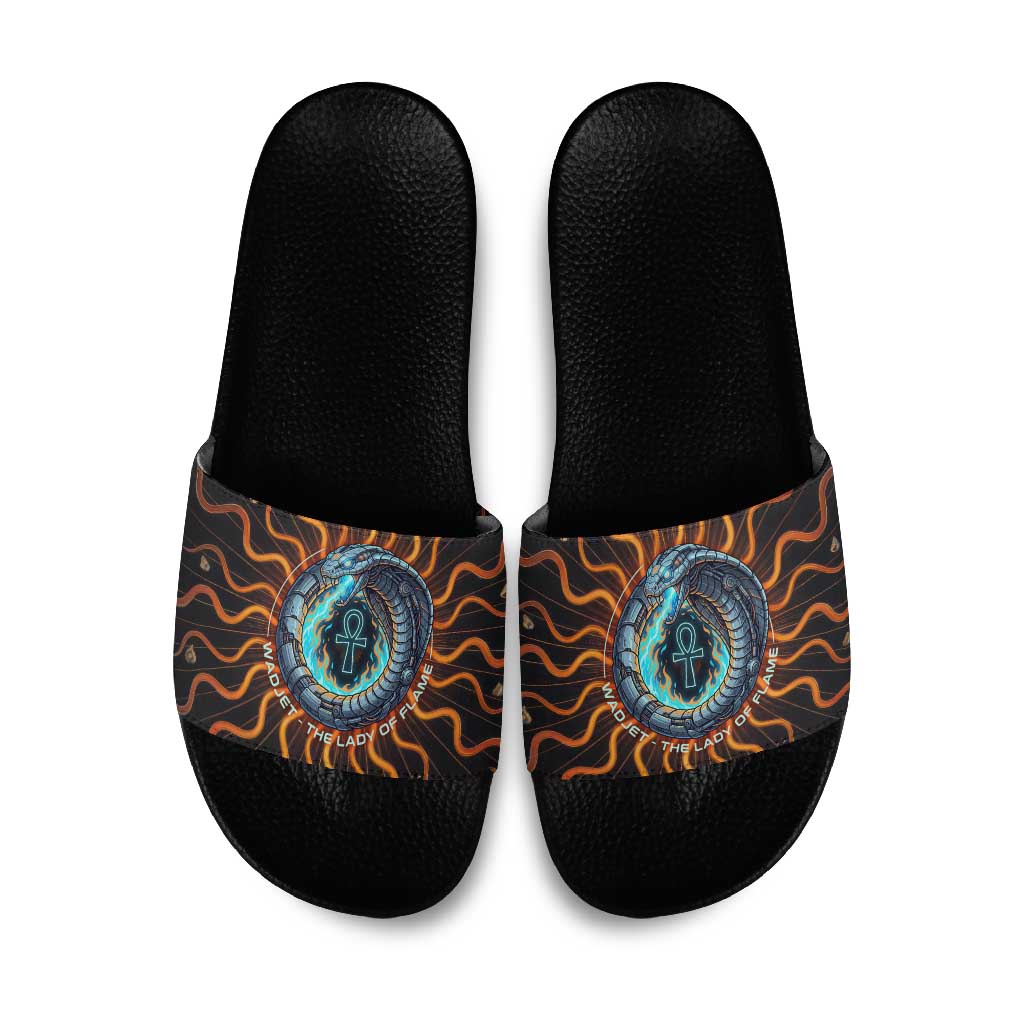 Wadjet Fiery Serpent Slide Sandals Egyptian Ankh Symbol in Dark Flame Protector Theme