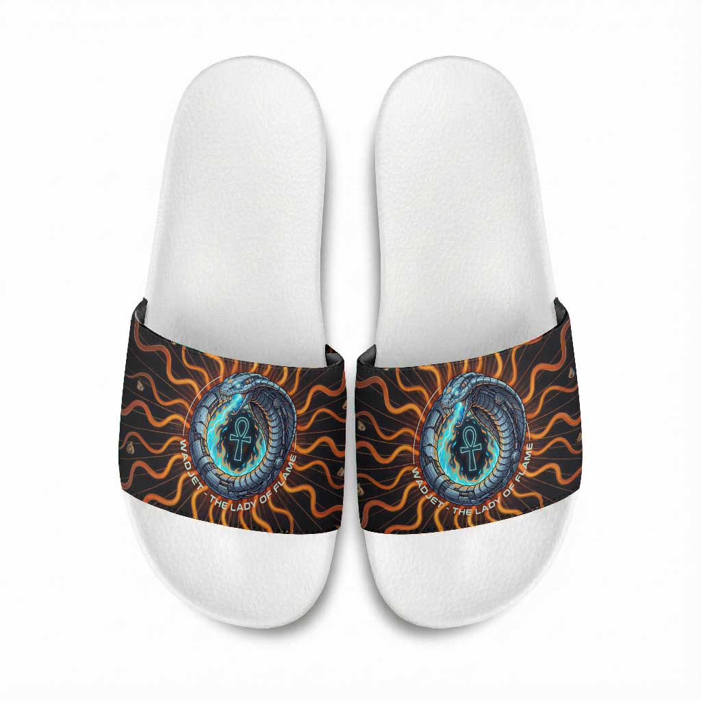 Wadjet Fiery Serpent Slide Sandals Egyptian Ankh Symbol in Dark Flame Protector Theme