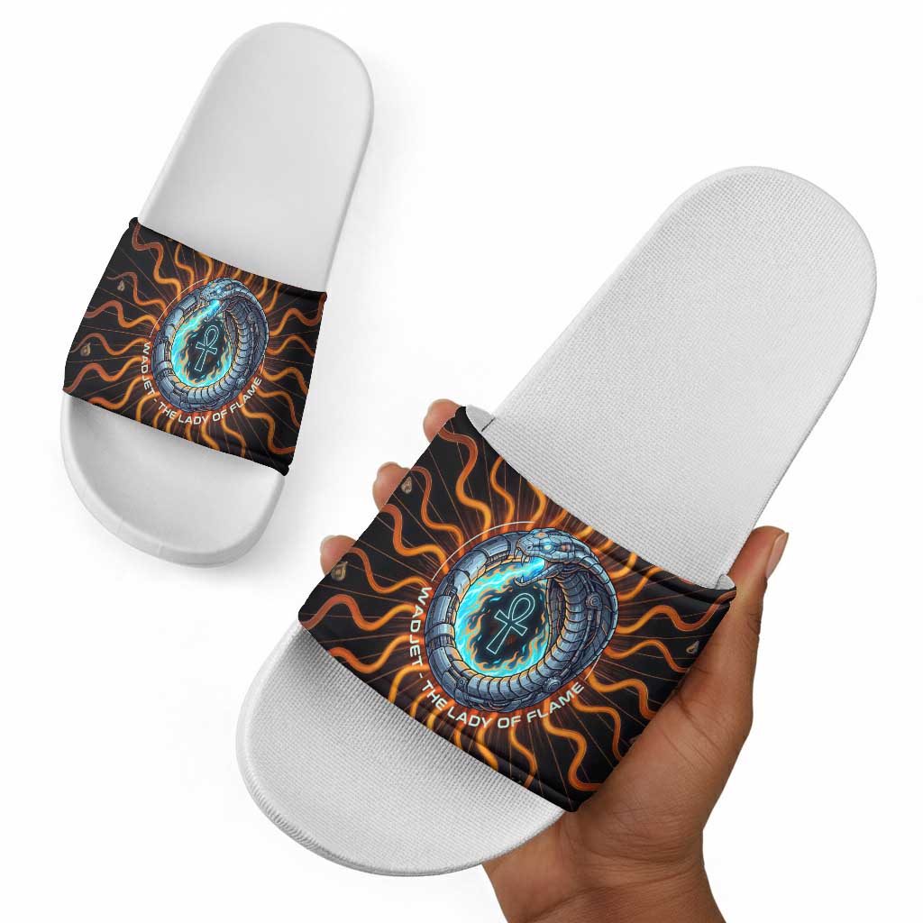 Wadjet Fiery Serpent Slide Sandals Egyptian Ankh Symbol in Dark Flame Protector Theme