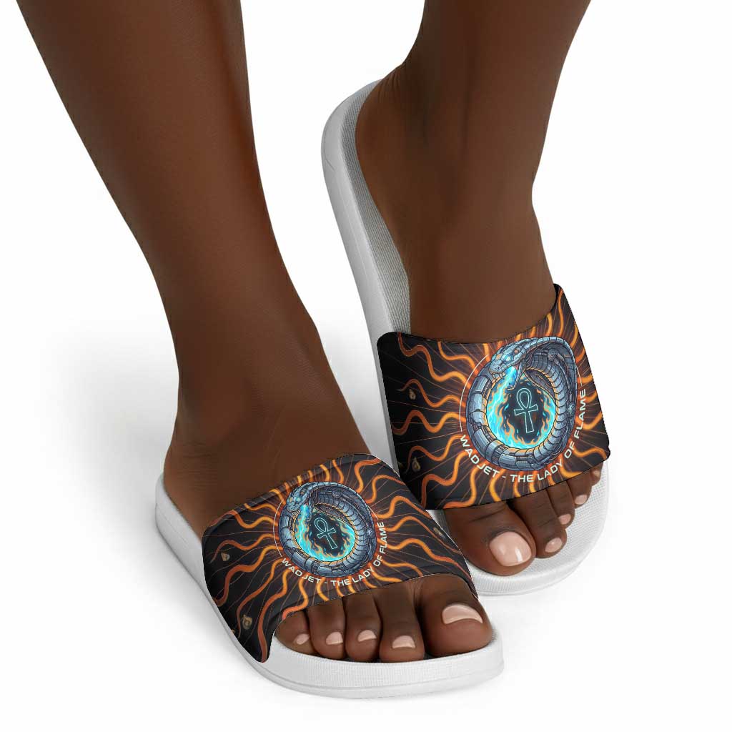 Wadjet Fiery Serpent Slide Sandals Egyptian Ankh Symbol in Dark Flame Protector Theme