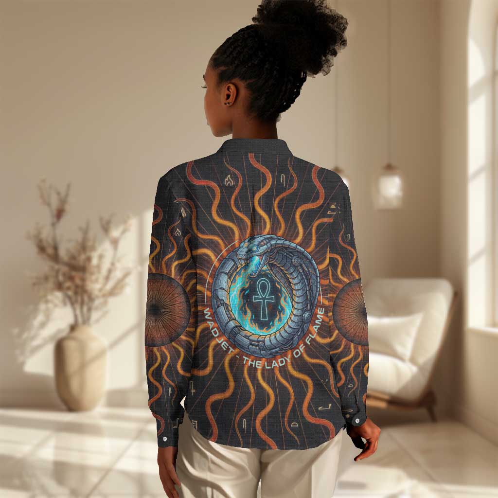 Wadjet Fiery Serpent Women Casual Shirt Egyptian Ankh Symbol in Dark Flame Protector Theme