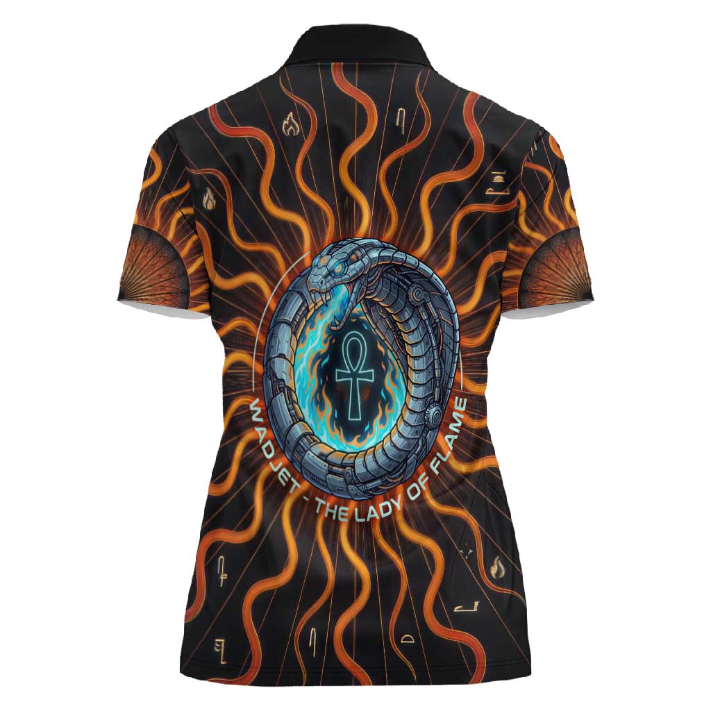 Wadjet Fiery Serpent Women Polo Shirt Egyptian Ankh Symbol in Dark Flame Protector Theme