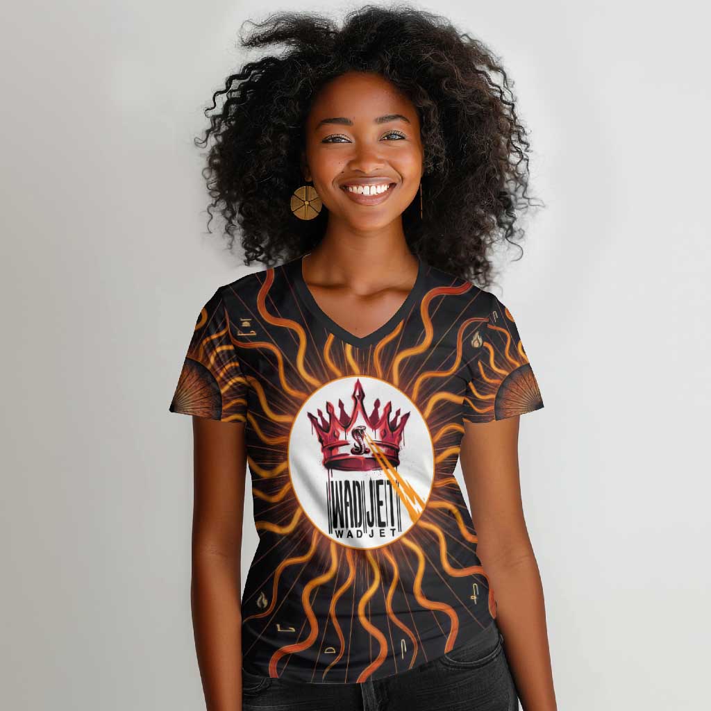 Wadjet Fiery Serpent Women V-Neck T-Shirt Egyptian Ankh Symbol in Dark Flame Protector Theme