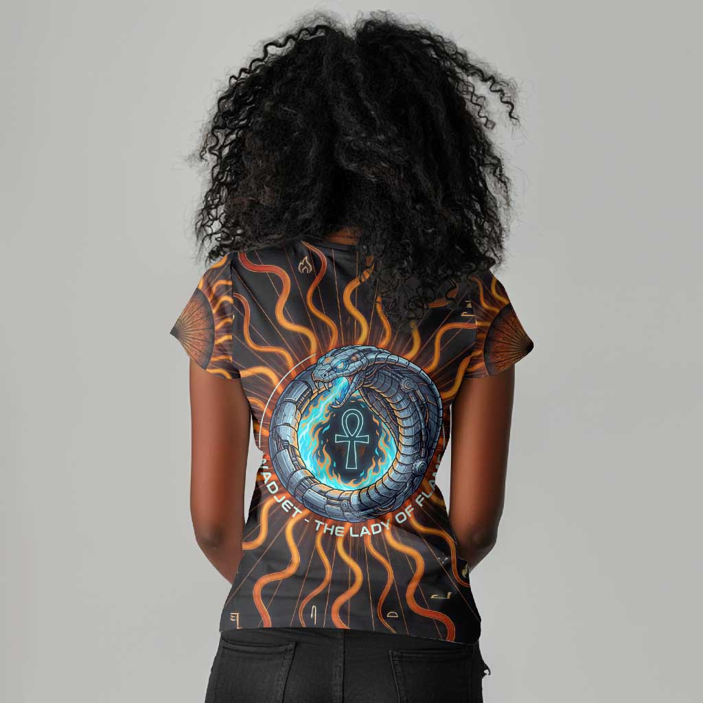 Wadjet Fiery Serpent Women V-Neck T-Shirt Egyptian Ankh Symbol in Dark Flame Protector Theme
