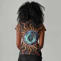 Wadjet Fiery Serpent Women V-Neck T-Shirt Egyptian Ankh Symbol in Dark Flame Protector Theme
