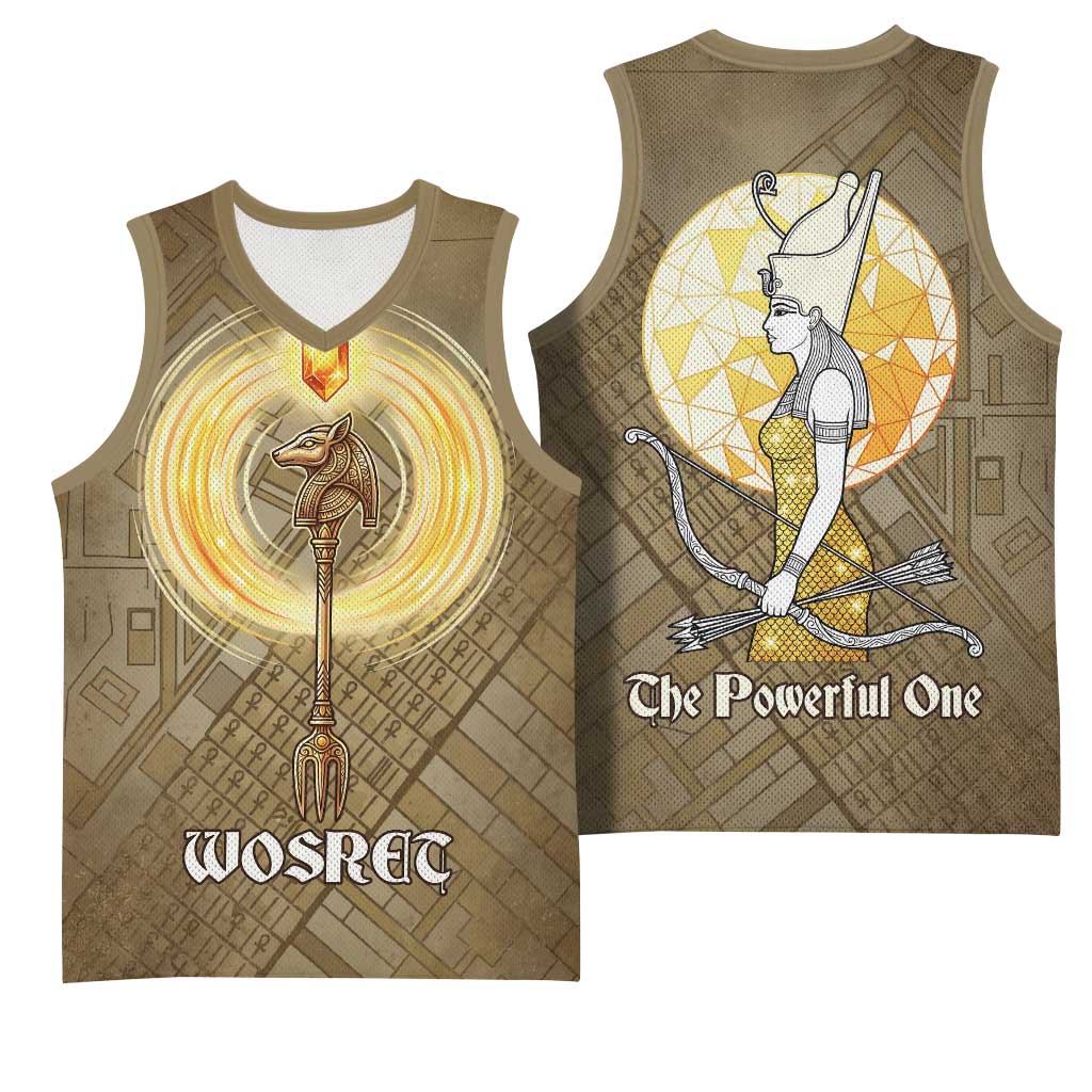Wosret Egyptian Basketball Jersey with Golden Scepter and Archer Motif in Ancient Protector
