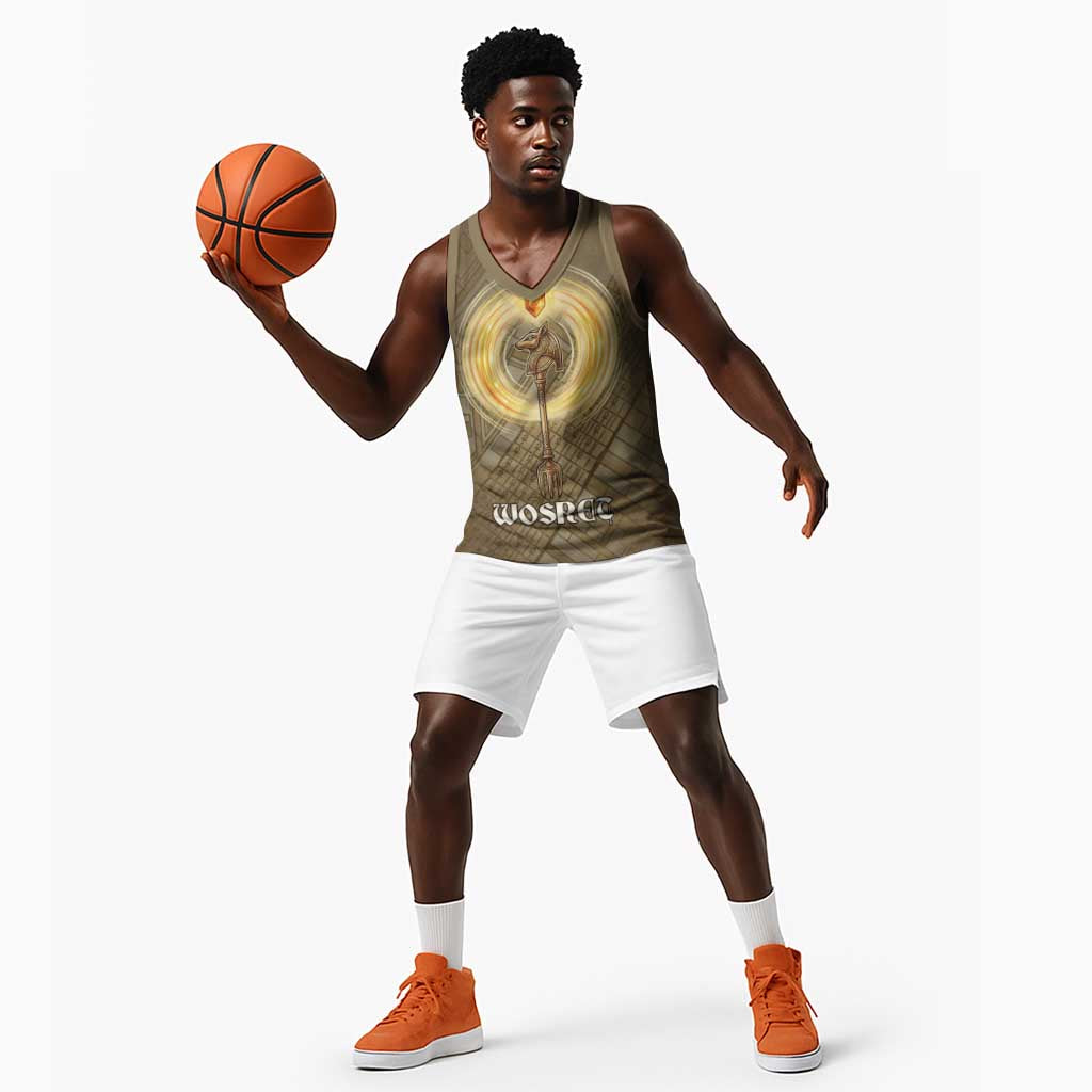 Wosret Egyptian Basketball Jersey with Golden Scepter and Archer Motif in Ancient Protector