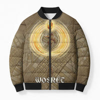 Wosret Egyptian Bomber Puffer Jacket with Golden Scepter and Archer Motif in Ancient Protector