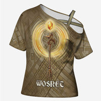 Wosret Egyptian Cross Shoulder Shirt with Golden Scepter and Archer Motif in Ancient Protector