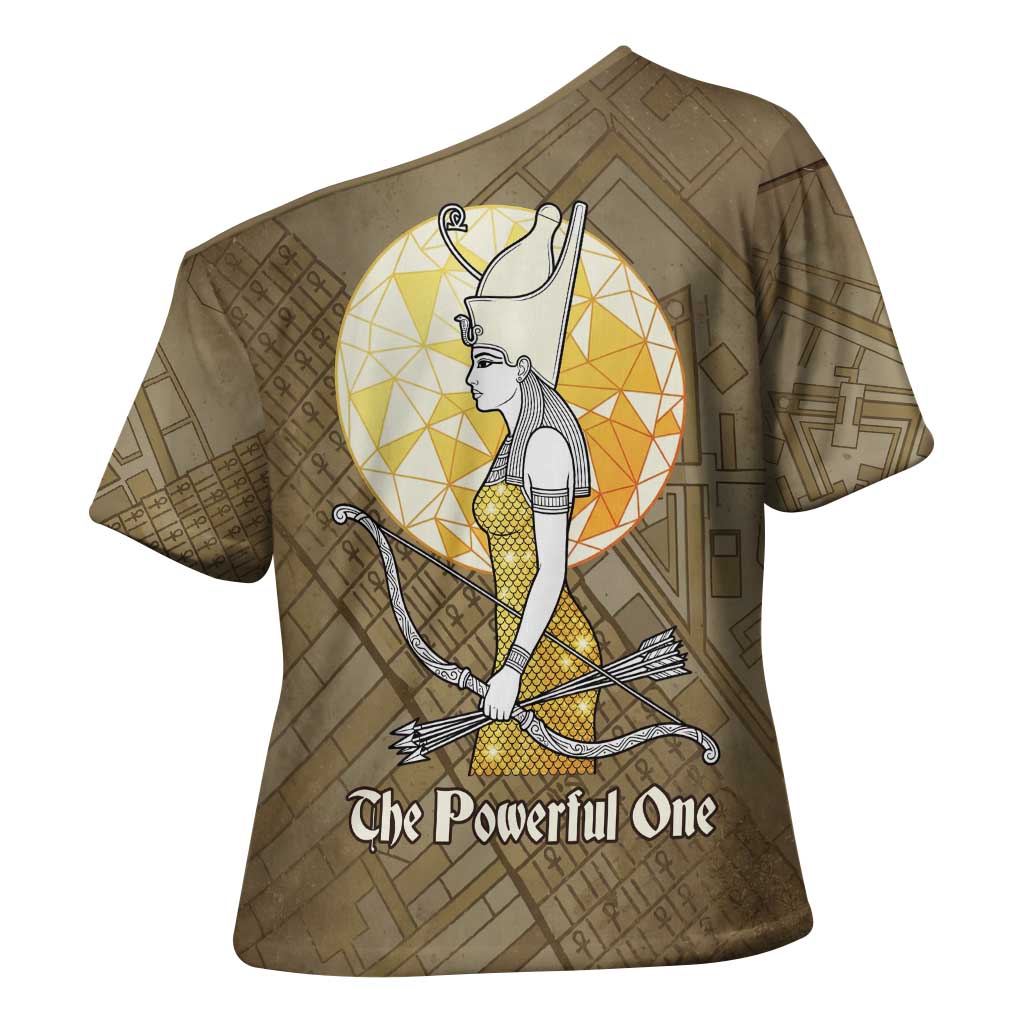 Wosret Egyptian Cross Shoulder Shirt with Golden Scepter and Archer Motif in Ancient Protector