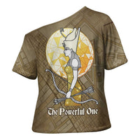 Wosret Egyptian Cross Shoulder Shirt with Golden Scepter and Archer Motif in Ancient Protector