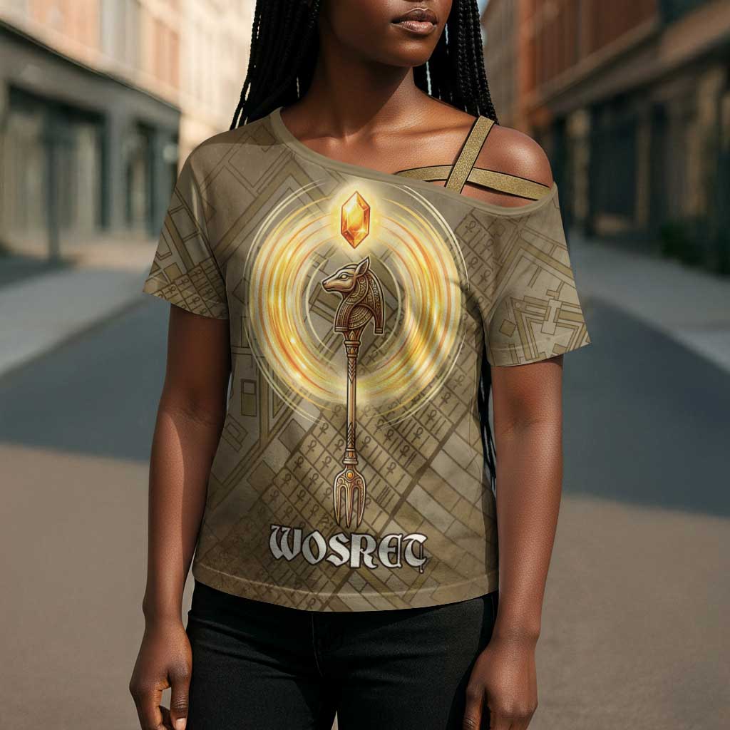 Wosret Egyptian Cross Shoulder Shirt with Golden Scepter and Archer Motif in Ancient Protector