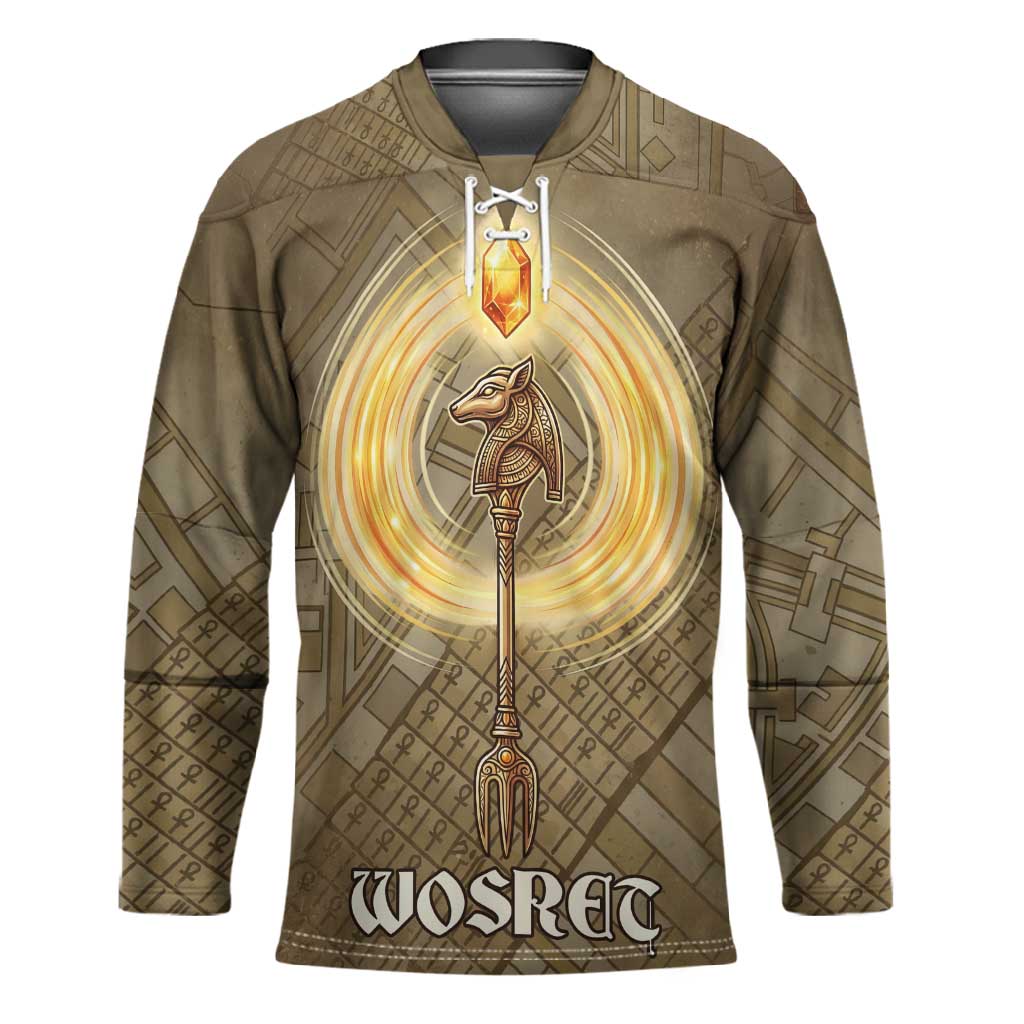 Wosret Egyptian Hockey Jersey with Golden Scepter and Archer Motif in Ancient Protector