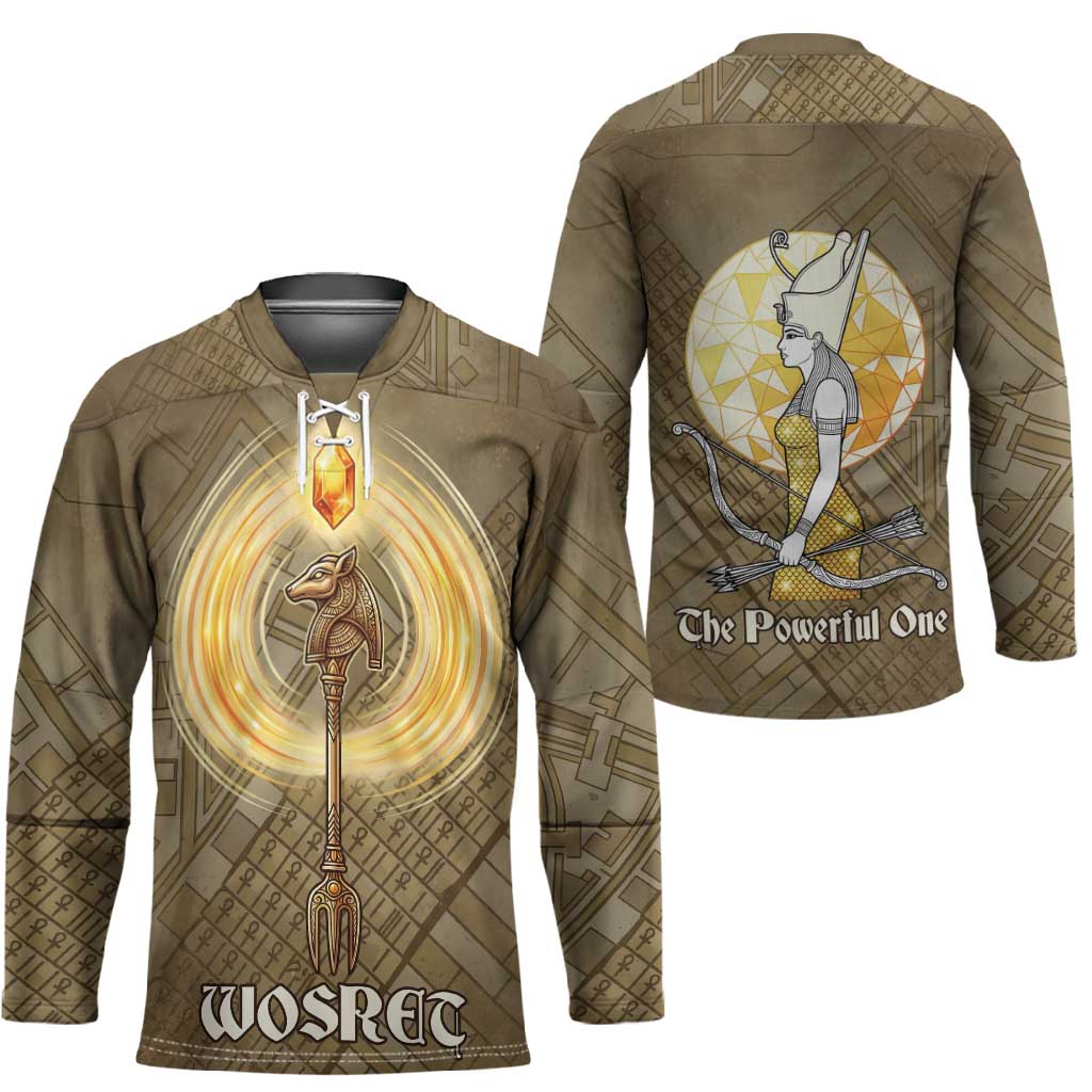 Wosret Egyptian Hockey Jersey with Golden Scepter and Archer Motif in Ancient Protector