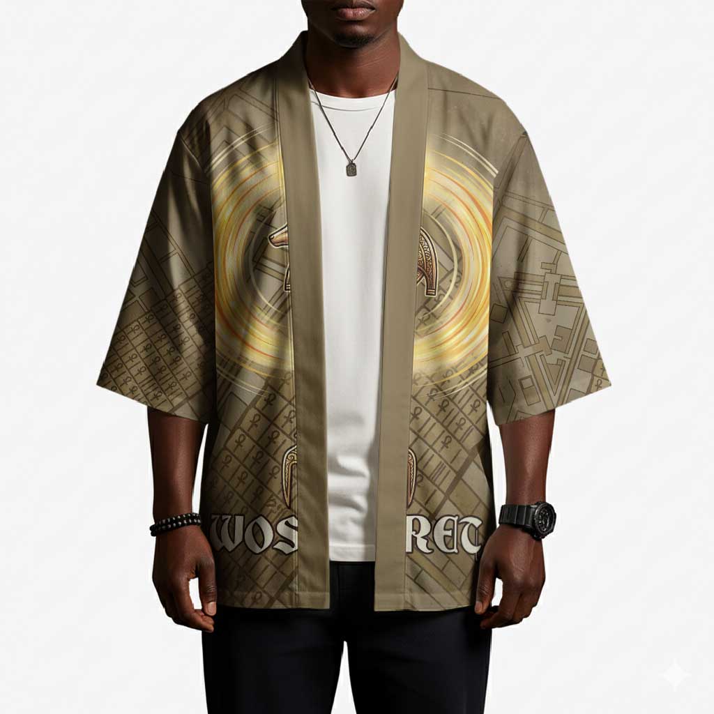 Wosret Egyptian Kimono with Golden Scepter and Archer Motif in Ancient Protector