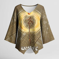 Wosret Egyptian Kimono Sleeve Blouse with Golden Scepter and Archer Motif in Ancient Protector
