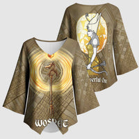 Wosret Egyptian Kimono Sleeve Blouse with Golden Scepter and Archer Motif in Ancient Protector