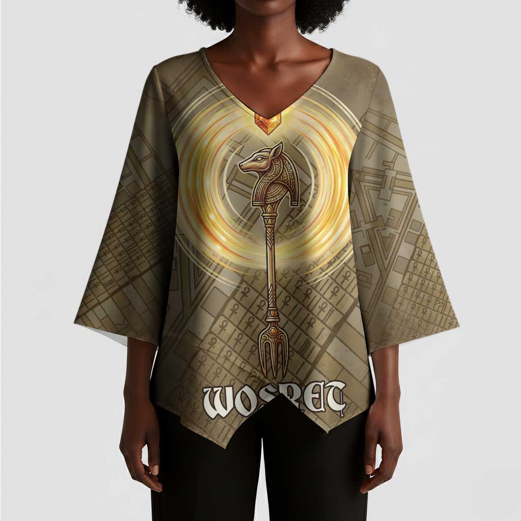 Wosret Egyptian Kimono Sleeve Blouse with Golden Scepter and Archer Motif in Ancient Protector