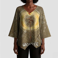 Wosret Egyptian Kimono Sleeve Blouse with Golden Scepter and Archer Motif in Ancient Protector