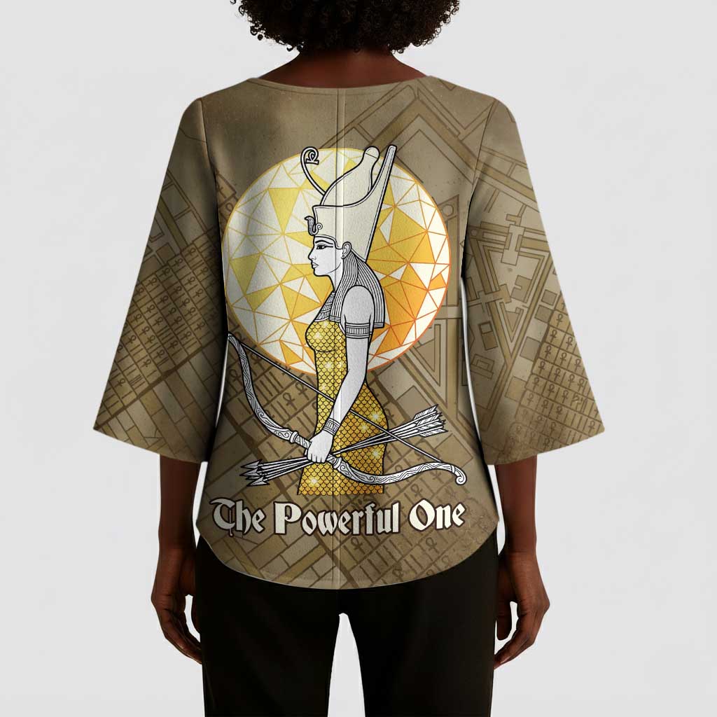 Wosret Egyptian Kimono Sleeve Blouse with Golden Scepter and Archer Motif in Ancient Protector