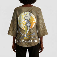 Wosret Egyptian Kimono Sleeve Blouse with Golden Scepter and Archer Motif in Ancient Protector
