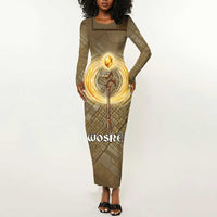 Wosret Egyptian Long Sleeve Bodycon Dress with Golden Scepter and Archer Motif in Ancient Protector