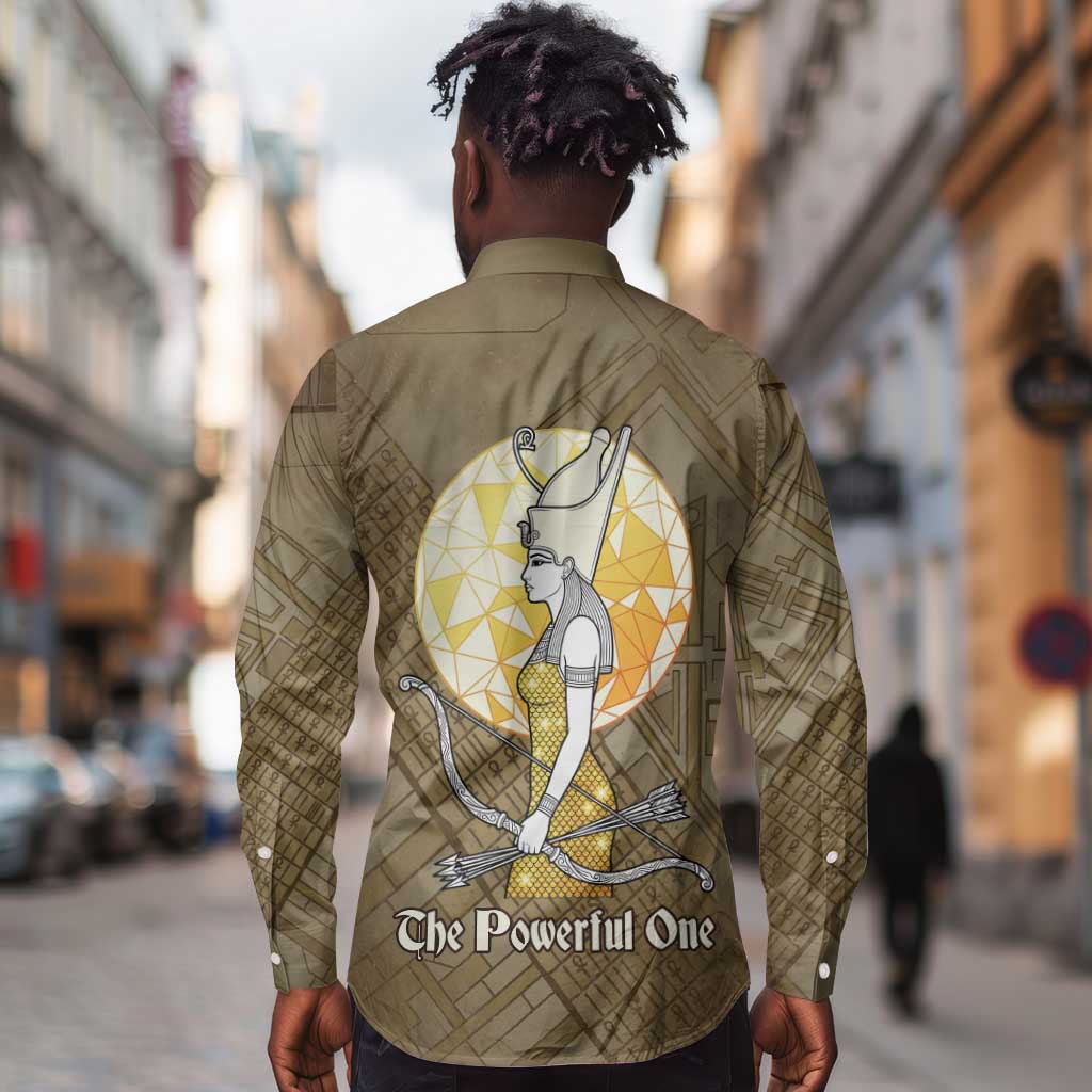 Wosret Egyptian Long Sleeve Button Shirt with Golden Scepter and Archer Motif in Ancient Protector