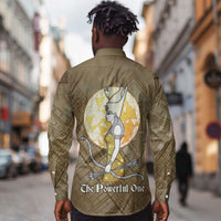 Wosret Egyptian Long Sleeve Button Shirt with Golden Scepter and Archer Motif in Ancient Protector