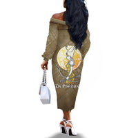Wosret Egyptian Off The Shoulder Long Sleeve Dress with Golden Scepter and Archer Motif in Ancient Protector