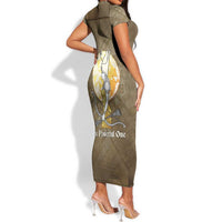 Wosret Egyptian Short Sleeve Bodycon Dress with Golden Scepter and Archer Motif in Ancient Protector