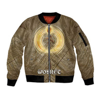 Wosret Egyptian Sleeve Zip Bomber Jacket with Golden Scepter and Archer Motif in Ancient Protector