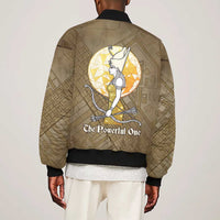 Wosret Egyptian Sleeve Zip Bomber Jacket with Golden Scepter and Archer Motif in Ancient Protector