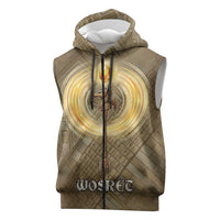 Wosret Egyptian Sleeveless Zip Hoodie with Golden Scepter and Archer Motif in Ancient Protector