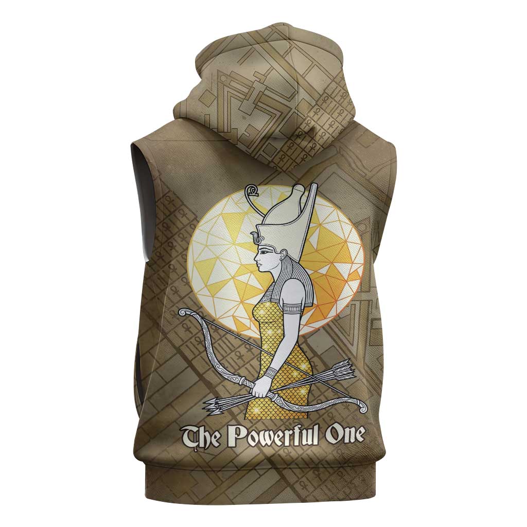 Wosret Egyptian Sleeveless Zip Hoodie with Golden Scepter and Archer Motif in Ancient Protector