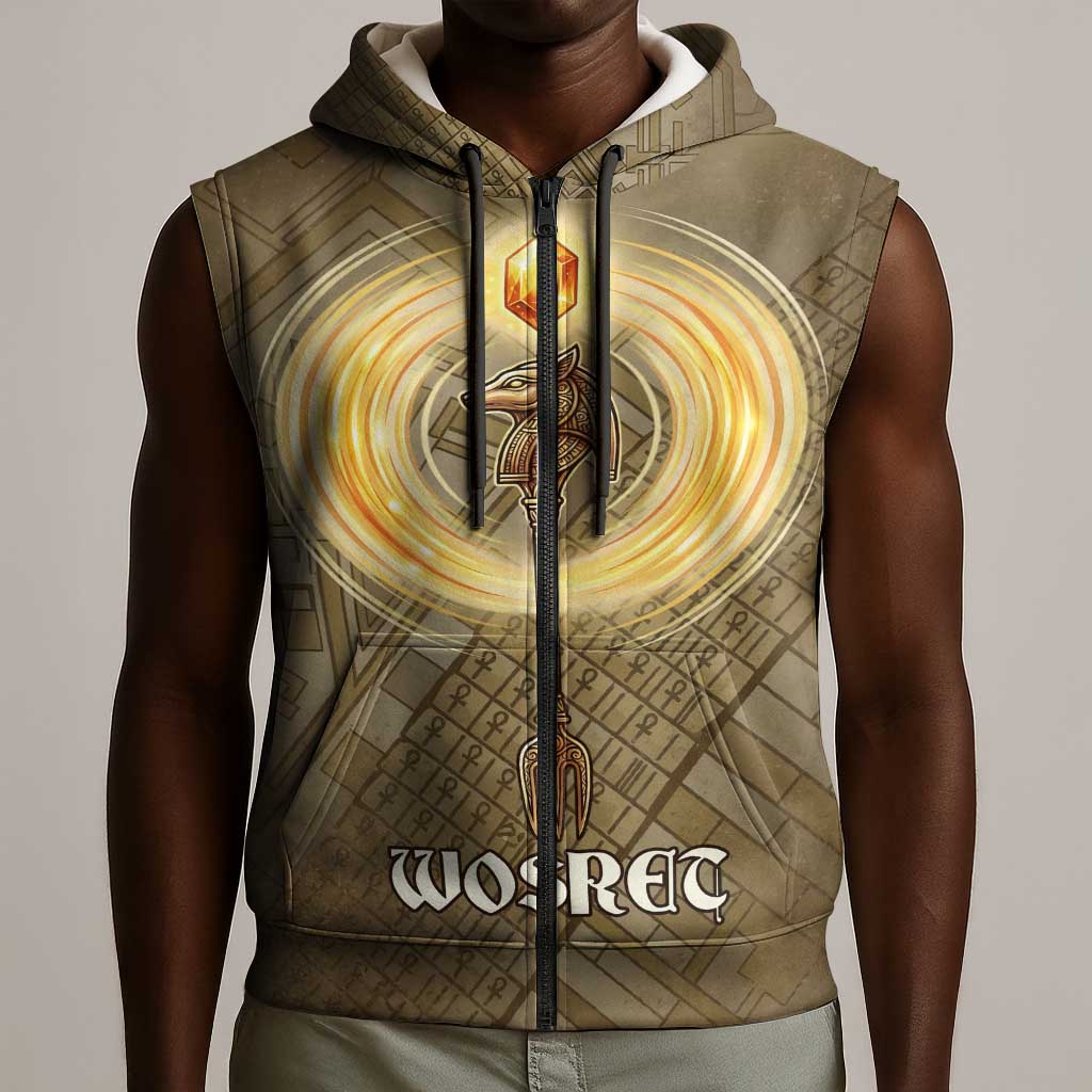 Wosret Egyptian Sleeveless Zip Hoodie with Golden Scepter and Archer Motif in Ancient Protector