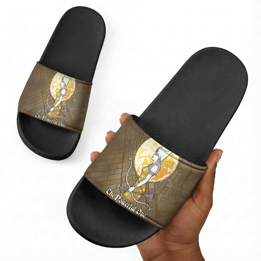 Wosret Egyptian Slide Sandals with Golden Scepter and Archer Motif in Ancient Protector