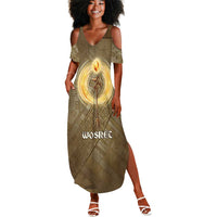Wosret Egyptian Summer Maxi Dress with Golden Scepter and Archer Motif in Ancient Protector