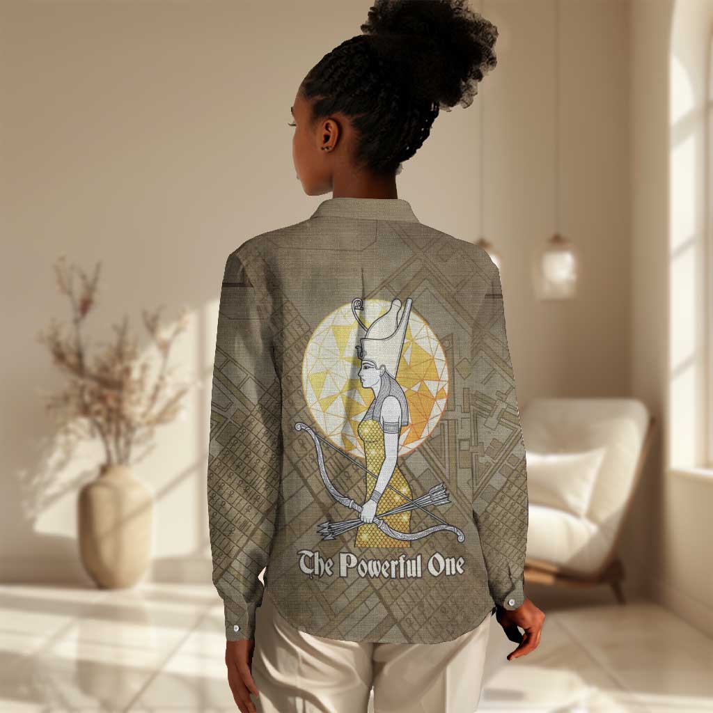Wosret Egyptian Women Casual Shirt with Golden Scepter and Archer Motif in Ancient Protector