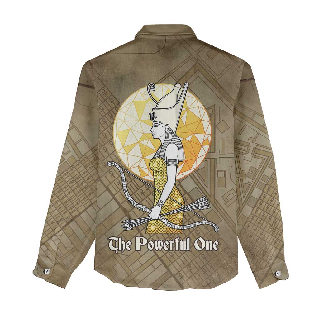 Wosret Egyptian Women Casual Shirt with Golden Scepter and Archer Motif in Ancient Protector