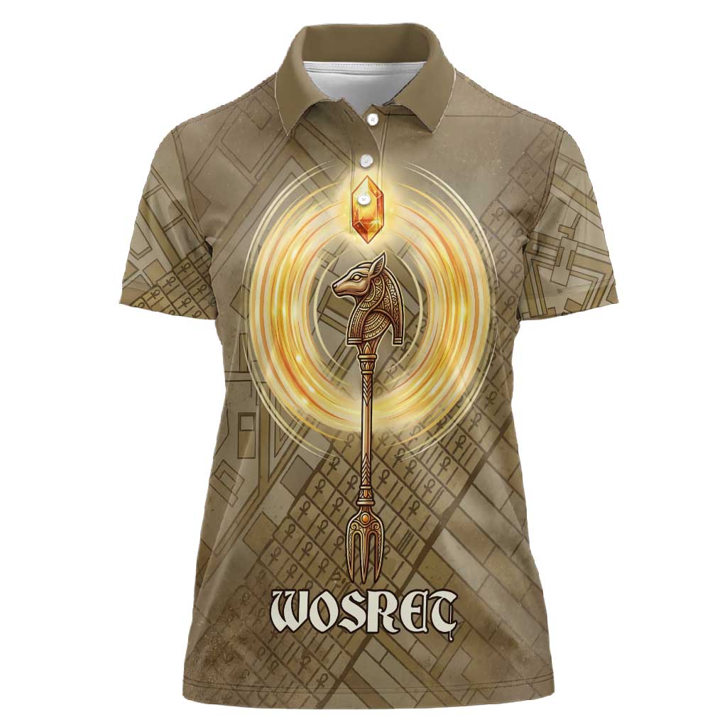 Wosret Egyptian Women Polo Shirt with Golden Scepter and Archer Motif in Ancient Protector