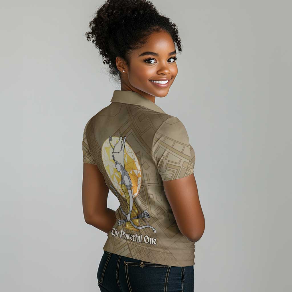 Wosret Egyptian Women Polo Shirt with Golden Scepter and Archer Motif in Ancient Protector