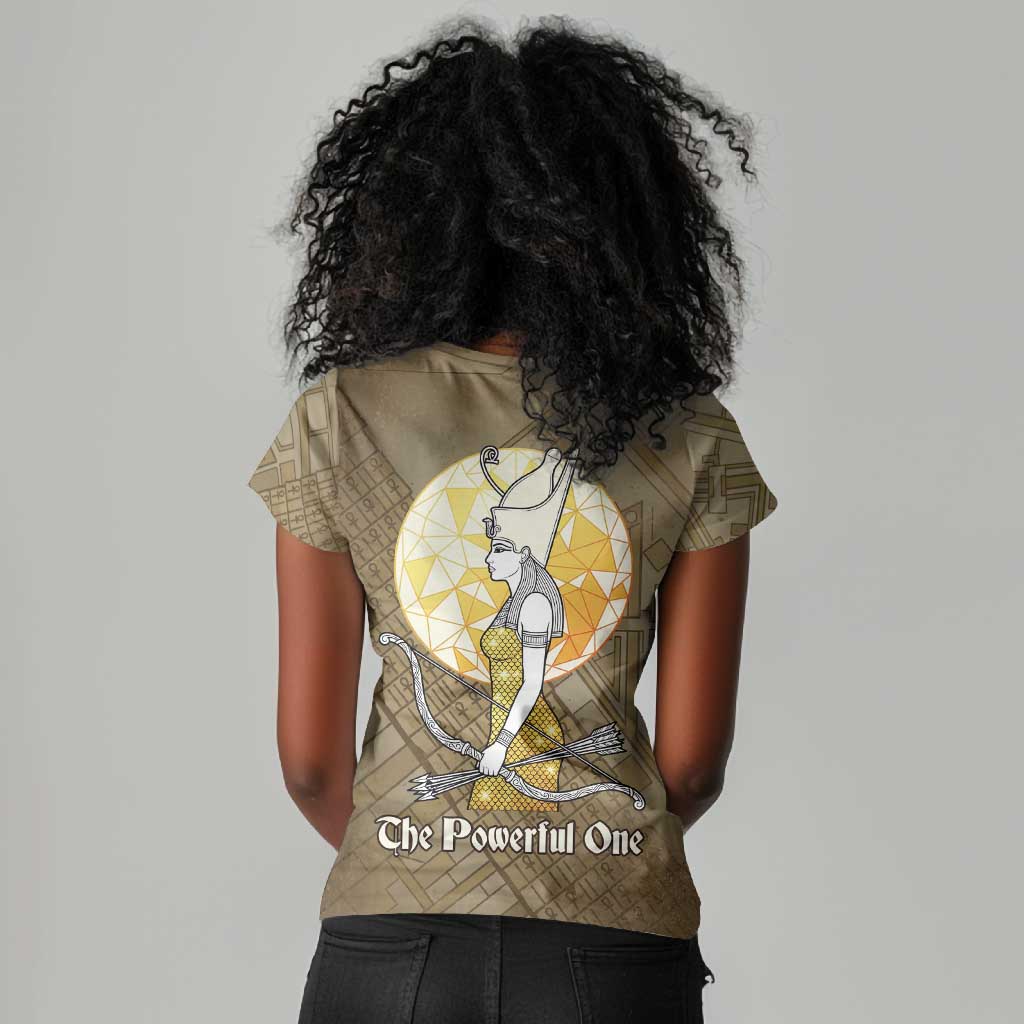 Wosret Egyptian Women V-Neck T-Shirt with Golden Scepter and Archer Motif in Ancient Protector